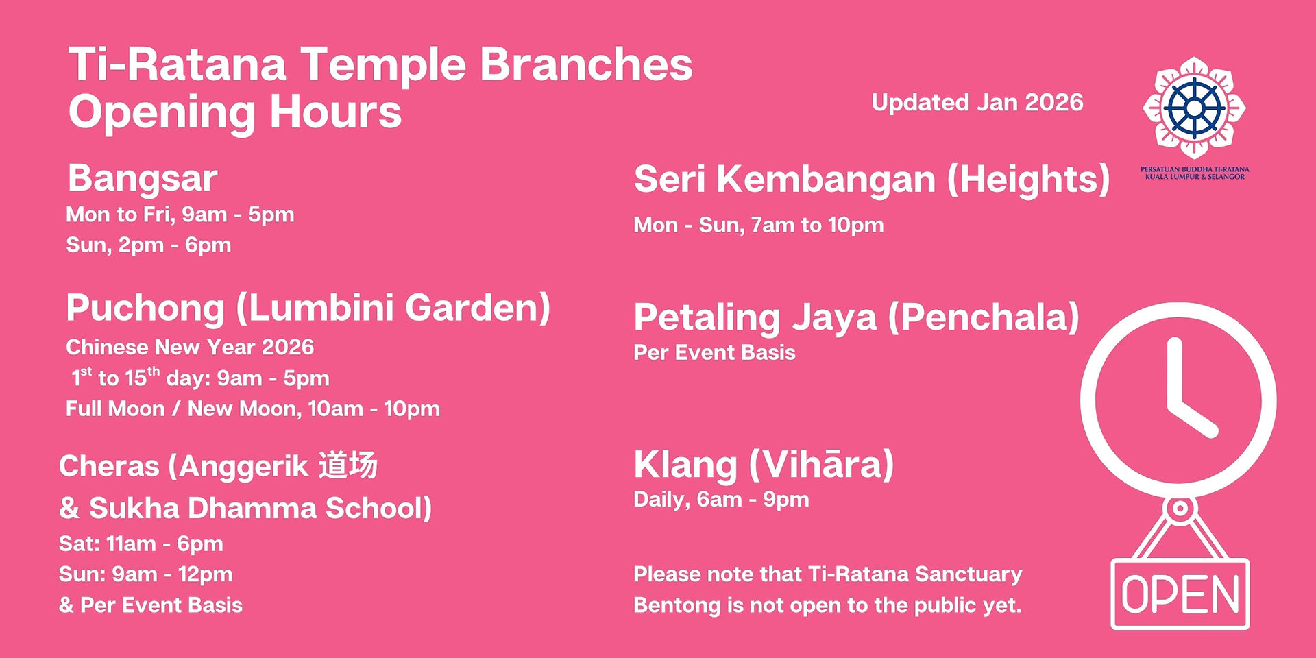 Ti-Ratana Buddhist Society 2026 Temple opening hours
